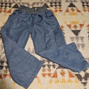 Lemon Kiss Blue Cotton Pants with Golden Threaded Elastic Waistband Size 6